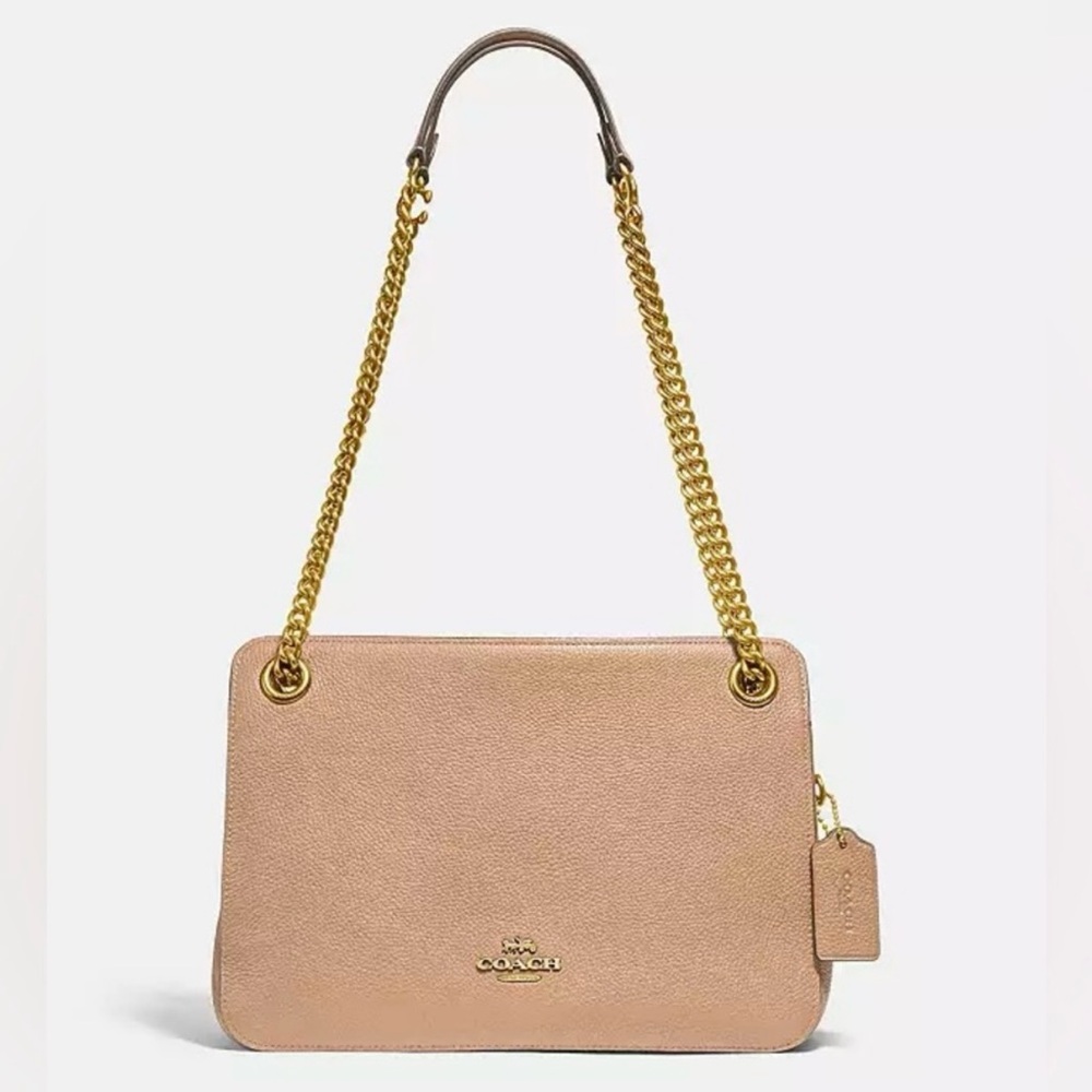 New Coach Bryant Convertible Carryall Beige Leather Shoulder Bag with Gold Chain